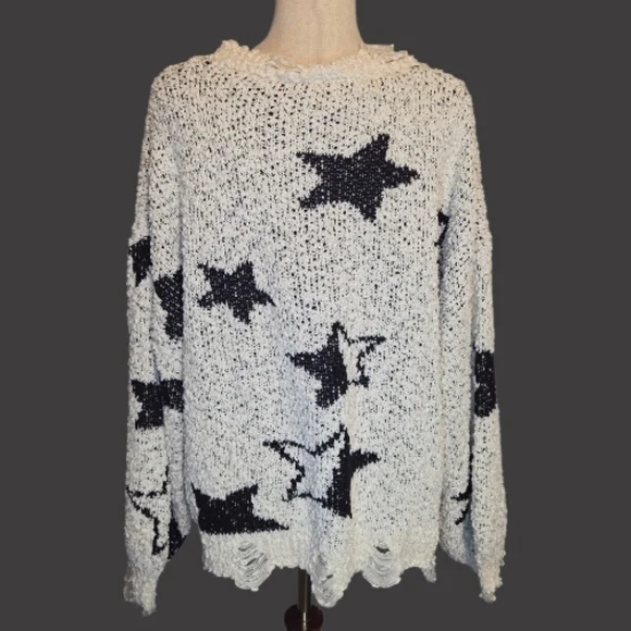 POL Cream Black Star Sweater L | Popcorn Knit Oversized Distressed Cozy Knit - Picture 8 of 8